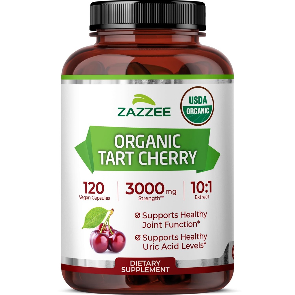 Zazzee USDA Organic Tart Cherry 10:1 Extract, 120 Vegan Capsules, 4 Month Supply, Montmorency Cherry, Daily Wellness Antioxidant Support, Organic Herbal Supplement, All-Natural, Non-GMO, Made in USA