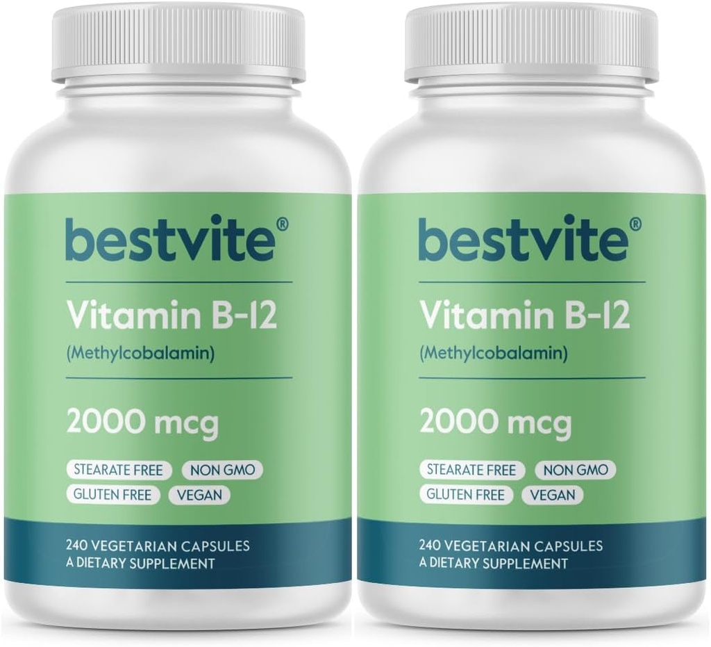 BESTVITE Vitamin B12 (Methylcobalamin) 2000mcg (480 Vegetarian Capsules)(2 x 240) (Methyl B12) - No Stearates - Vegan - Non GMO - Gluten Free