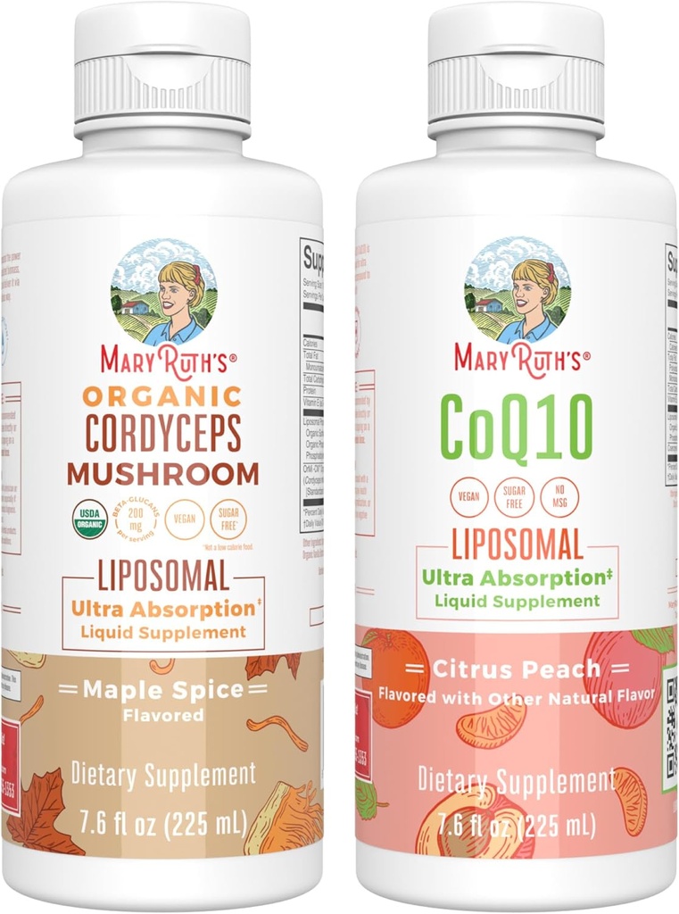 MaryRuth Organics Cordyceps Liposomal (Maple Spice) & CoQ10 (Citrus Peach) ← Clean Label Project Verified® ← Vitaminas para la Inmunidad, Salud del Corazón, " Wellness general ← Vegan, Non-GMO, Gluten-Free