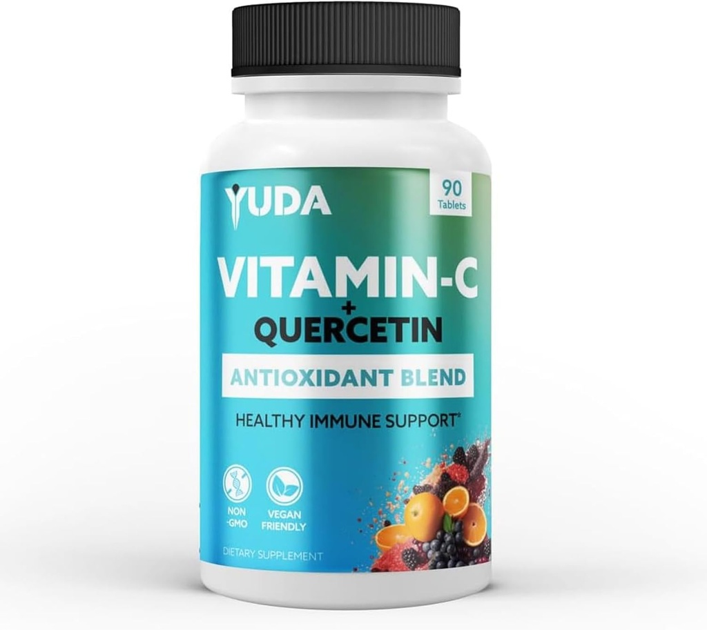 Yuda Quercetin Supplements med vitamin C 1000mg - Super C Vitamin & Quercitin Formula for immunstøtte Beriket med eldrebær & rose HIPS - fremmer en sunn immunrespons - 90 tabletter