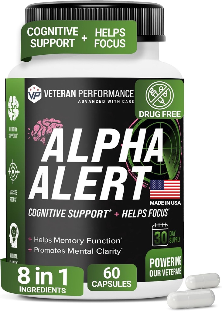 Alpha Alert - Veteranägda hjärntillskott för minne och fokus - Tredjepartstestade, Dairy & Gluten-Free Nootropic Memory Supplements - 60 Veggie Capsules