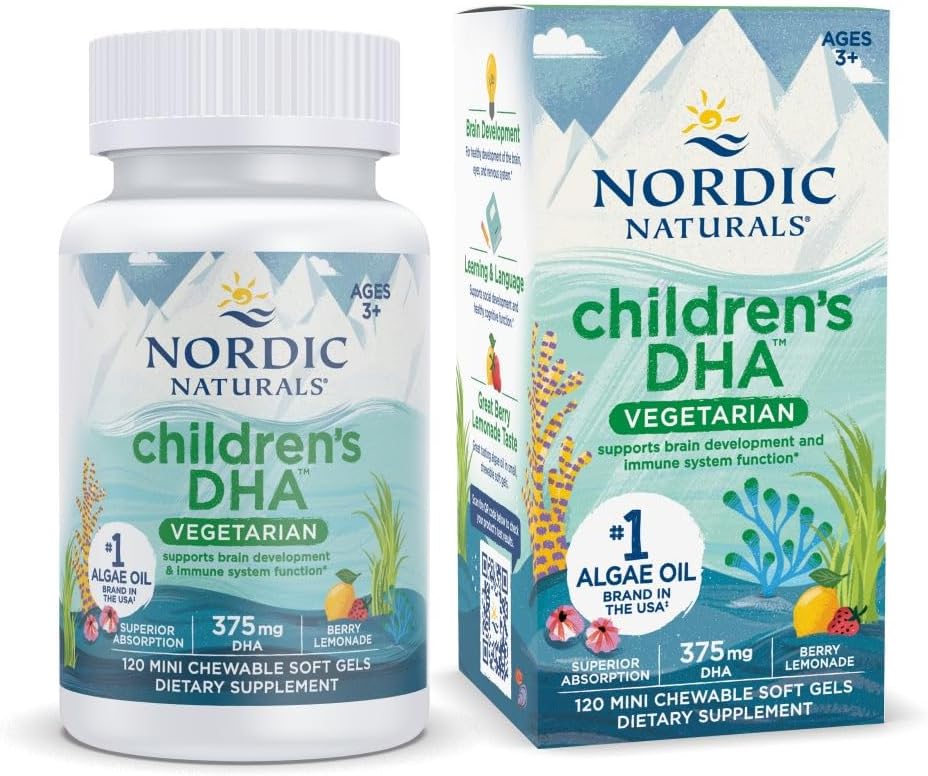 Nordic Naturals Lasten DHA Kasvisruokaa - Lapset DHA Omega-3 Supplement -Algae Oil - Berry Lemonade Mini Purutabletteja - Kasvispohjainen Formula ikäisille 3+ - 120 pehmeää geeliä - 40 tarjoilua