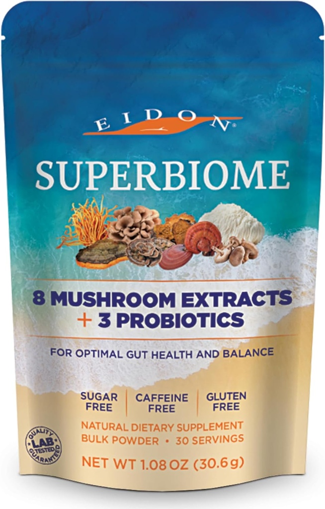 Eidon SuperBiome, Onddo Probiotikoak Hautsa, Gut Balance, Mikrobiome Osasun Gehigarria Reishi Organikoarekin, Chaga, Lion's Mane, Cordyceps, Turkey Tail, Shitake, Maitake, Phelinus, 30 Zerbitzu