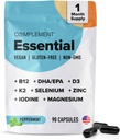 Complement Essential Vegan Multivitamin for Men " Women (30 Servings, 180 Capsules) with Omega-3 DHA ' EPA, B12, Vitamin D3 ' K2, Zinc, Selenium, Magnesium, Iodine - Supports Immunity " Overall Health