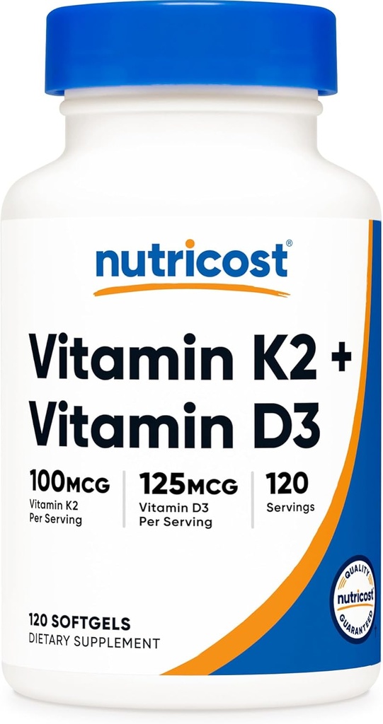 Nutricost vitamin K2 (MK7) (100mcg) + vitamin D3 (5000 IU) 120 Softgels - Glutenfri og ikke-GMO