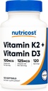 Nutricost Vitamín K2 (MK7) (100mcg) + vitamín D3 (5000 IU) 120 Softgels - bezlepok a bez GMO