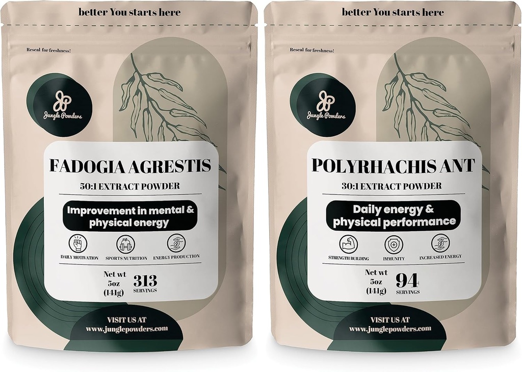 Jungle Powders Fadogia Agrestis Powder for Men 50:1 313 Servings, Black Ant Extract 30:1 94 Servings 5oz, Tradicionalni moški zdravje podpora za pogon in strast