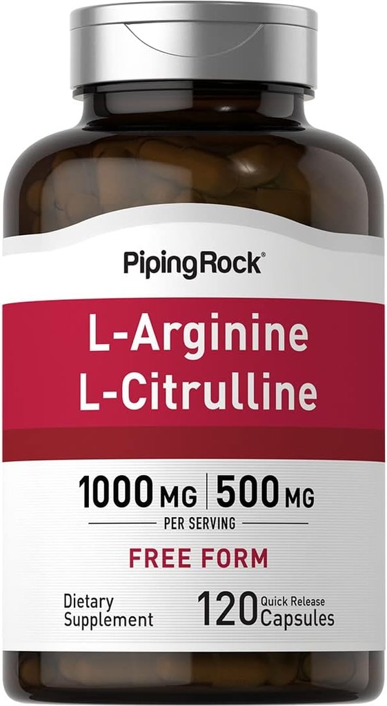Piping Rock L-Arginine L-Citrulline Supplément de 1500 mg de 120 capsules pour hommes et femmes