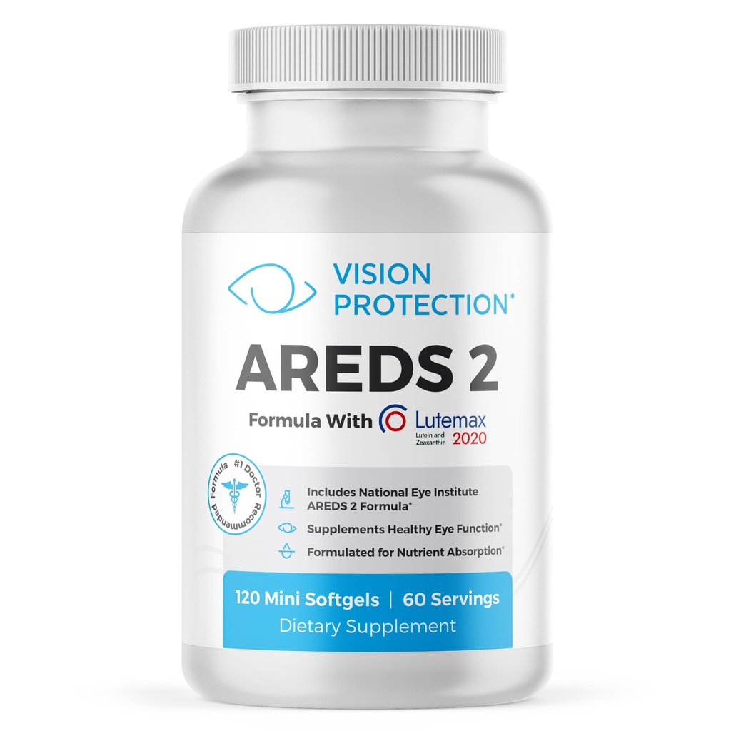 VISION PROTECTION AREDS 2 Eye Vitamin & Mineral Supplement for Ocular Health, Natural Eye Institute AREDS 2 Study Formula with Lutein, Vitamin C, & Zeaxanthin, 120 Mini Softgels
