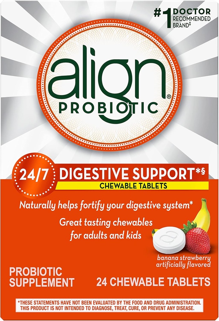 Align Probiotic, 여성과 남성을위한 Chewable Probiotic 정제, 건강한 박테리아와 함께 다이제스트 시스템 24/7을 Fortify, #1 의사와 Gastroenterologists에 의해 추천 된 Probiotic, 24 정제