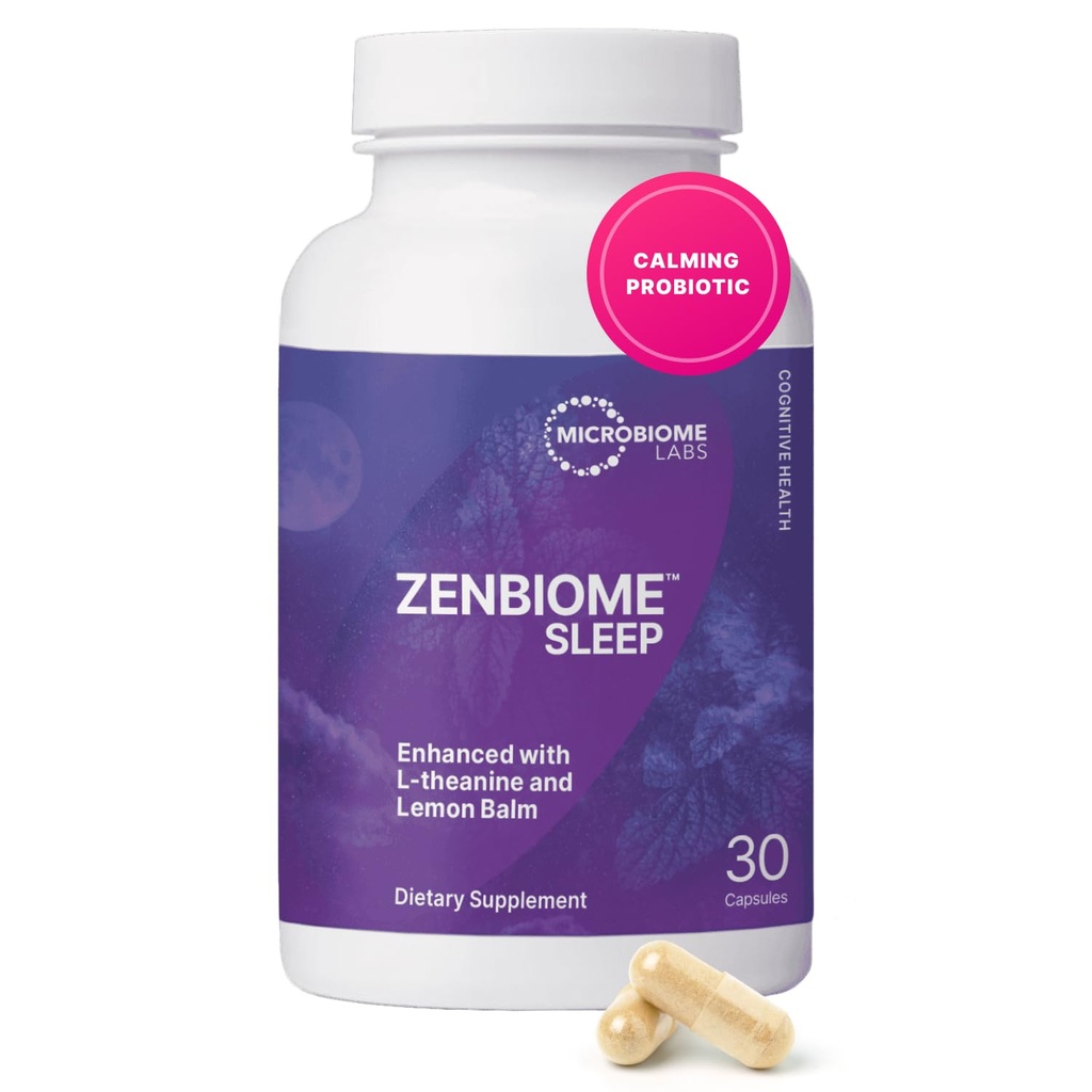 Microbiome Labs Zenbiome Sleep - L Theanine Supplement with Lemon Balm Extract & Probiotics with Bifidobacterium Longum - Help Soothe the Gut-Brain Axis at Bedtime (30 Capsules)