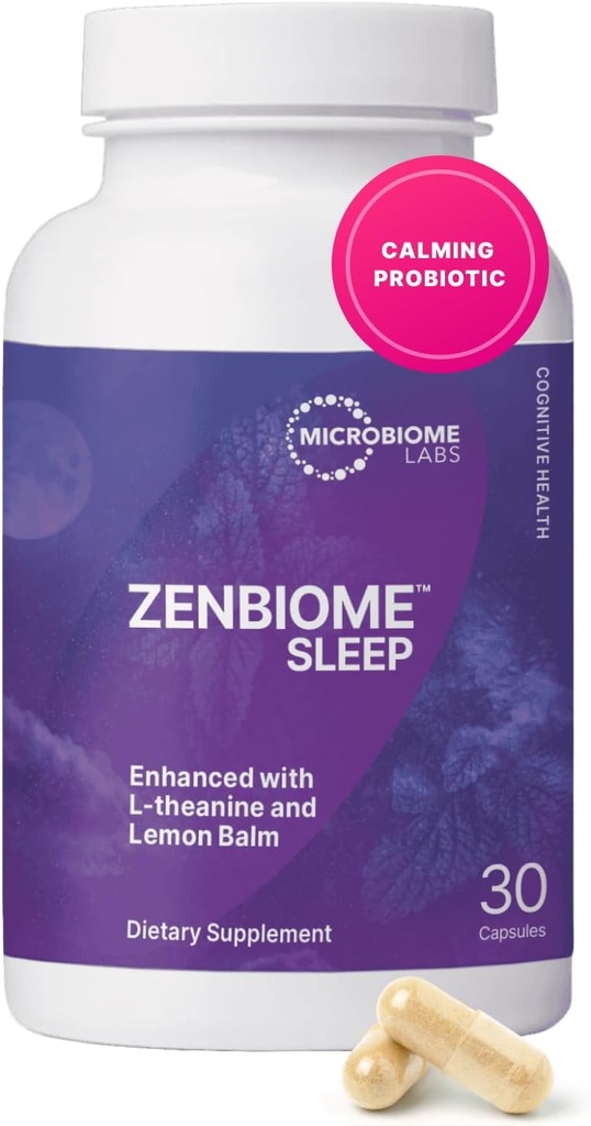 Mikrobiomy Labs Zenbiome Sleep - L Theanine dodatek s Lemon Balm Extract & Probiotika s Bifidobacterium Longum - Nápověda Soothe Gut- Brain Axis v době spánku (30 Kapsle)