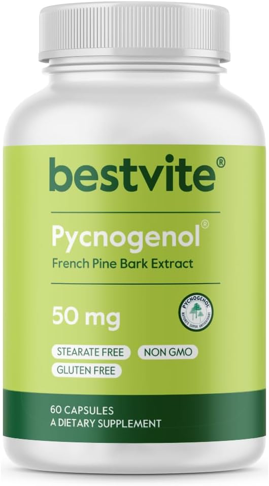 BESTVITE Pycnogenol 50mg (60 Capsules) - French Maritime Pine Bark Extract - No Stearates - Gluten Free - Non GMO