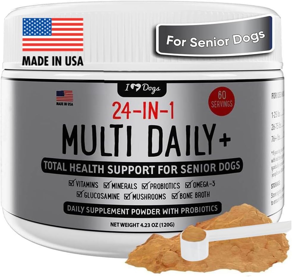 iHeartDogs 24-in-1 Senior Multivitamin Daily+ Total Health Support Powder with Probiotics, Omega-3, Glucosamine, Mushrooms ' Bone Broth- 60 Servings