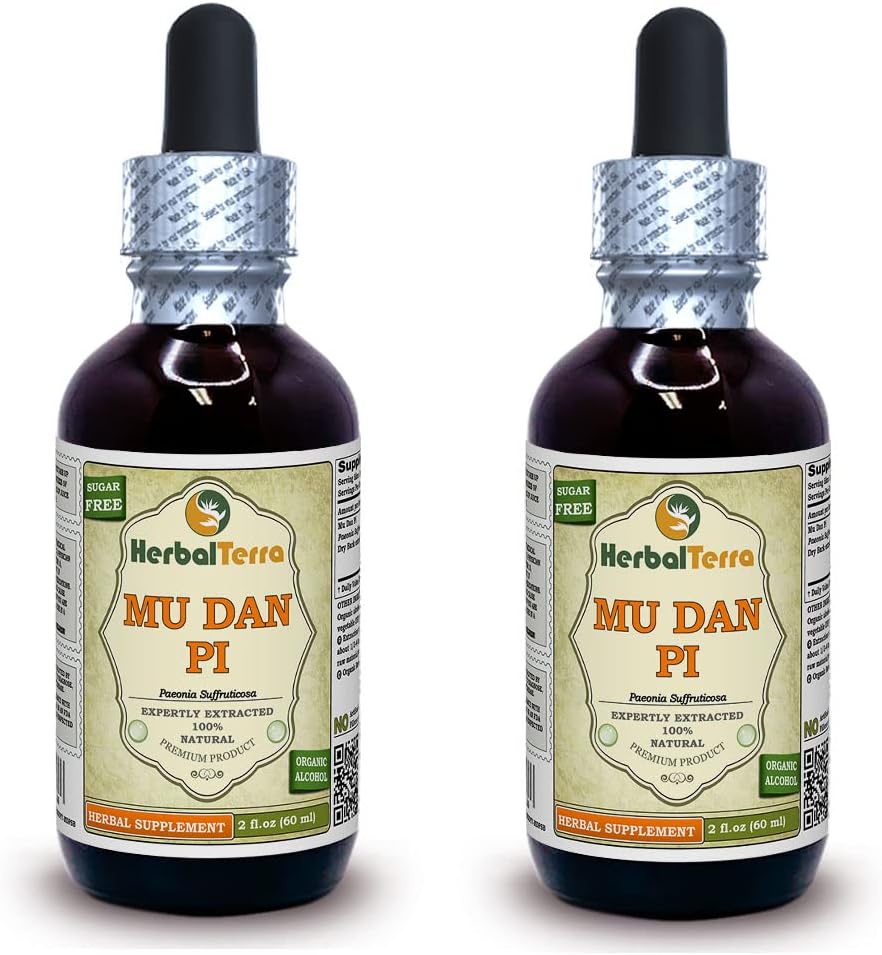 Mu Dan Pi, Tree Peony (Paeonia Suffruticosa) Tincture, Organic kiçik Bark Liquid özü (Brand adı: HerbalTerra, ABŞ-da Proudly) 2x2 fl.oz (2x60 ml)