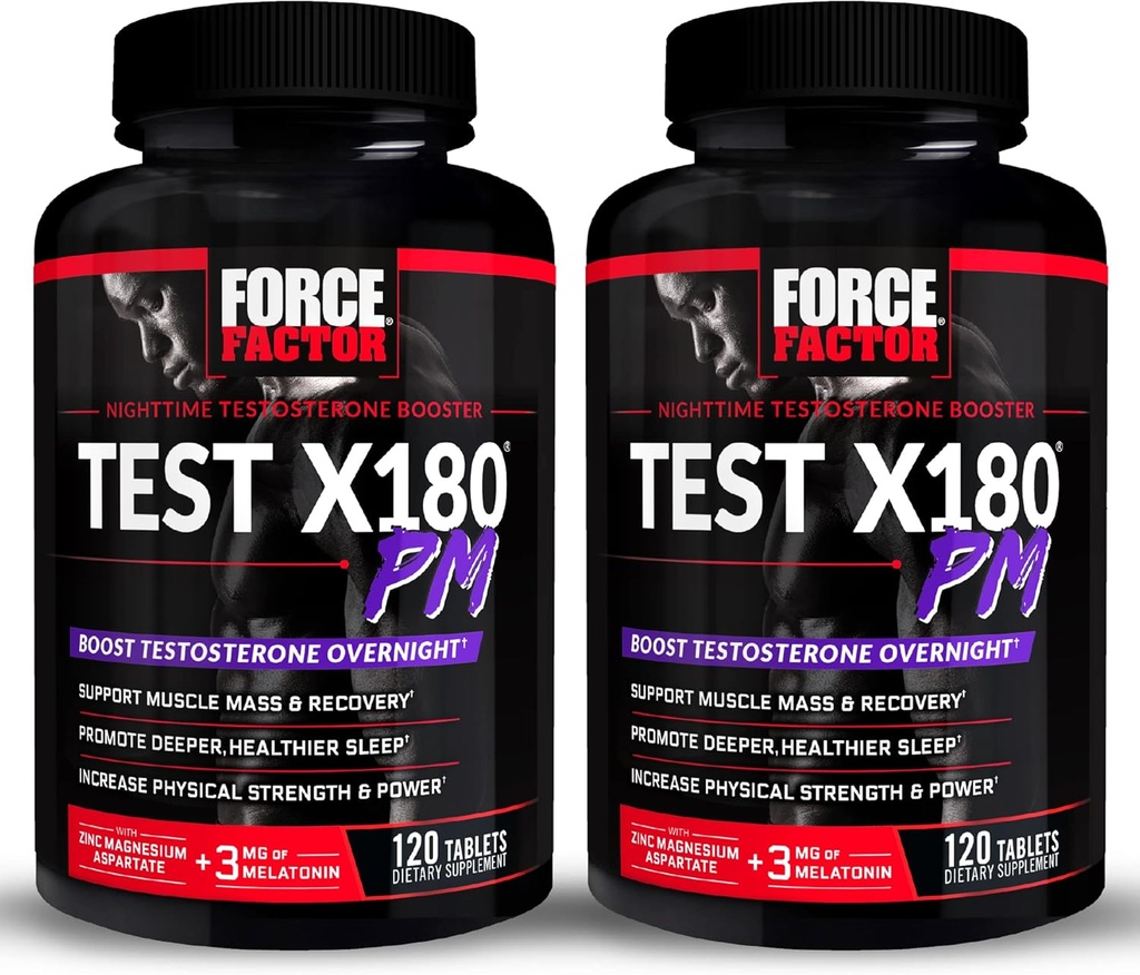 FORCE FACTOR Test X180 PM, 2-Pack, Testosterón Booster pre mužov, Jednodňové testosterón doplnok k budovaniu svalovej hmoty, zvýšiť silu, a podporovať hlbší, zdravší spánok a zotavenie, 240 tabliet