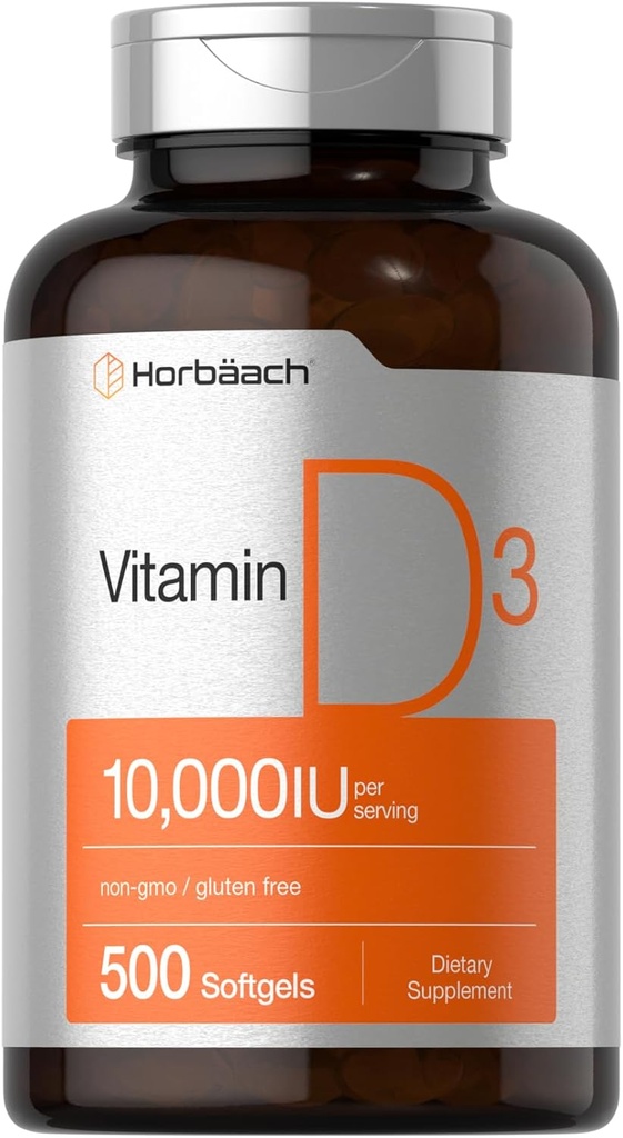 Horbäach Vitamin D3 10000 IU - 500 Softgels - Non-GMO, Gluten Free supplement - Value Size | 250mcg t High Potency Formula