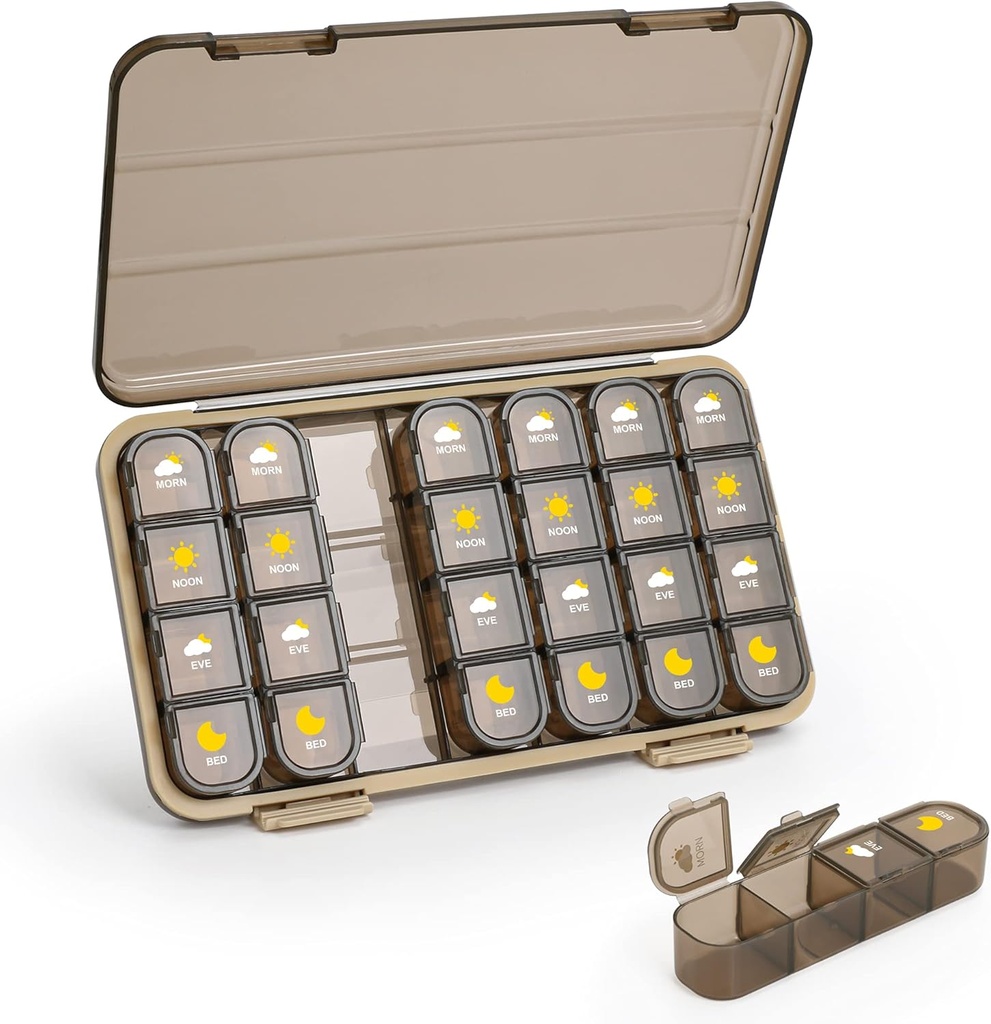 Pill Організатор 4 Times A Day, 7 Day Pill Box 4 Times A Day - Acedada Weekly Medicine Box Організатор з окремим корпусом, портативний щоденний підвіконня Контейнер для вітамінів рибних добавок, коричневий