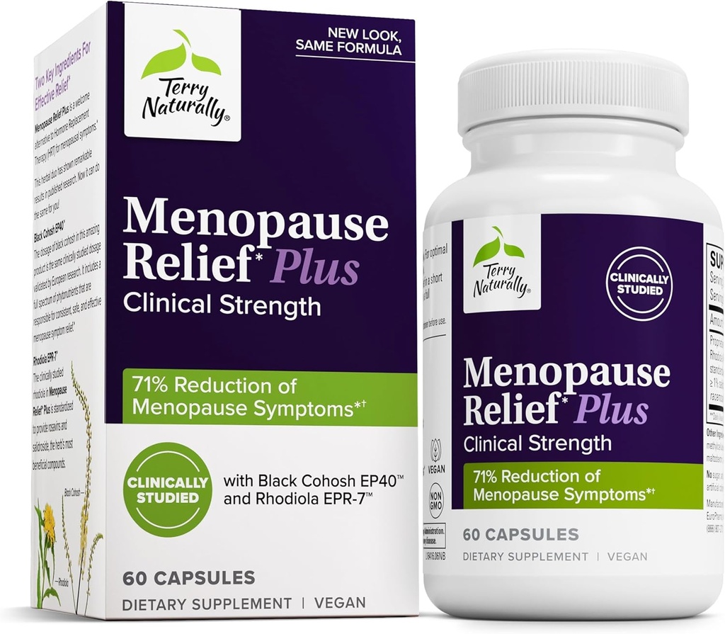 Terry Natural Menopause Relief Plus - Menopause Symptom Supplement - Supplement to Aid Against Occasional Tiredness & Night Ters - Supplement with Rhodiola & Black Cohosh - 60 Capsules