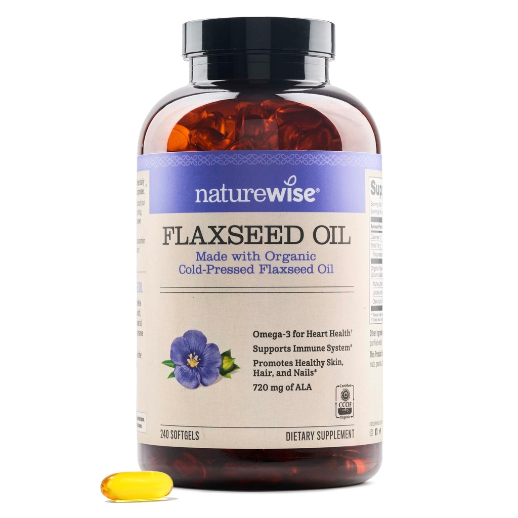 NatureWise Flaxseed Oil 1,242 mg, Fish Free Omega 3 6 9 with 720mg ALA, Dietary Supplement for Heart Health Support - Organic, Cold Pressed, Non-GMO - 240 Softgels[8-Month Supply]