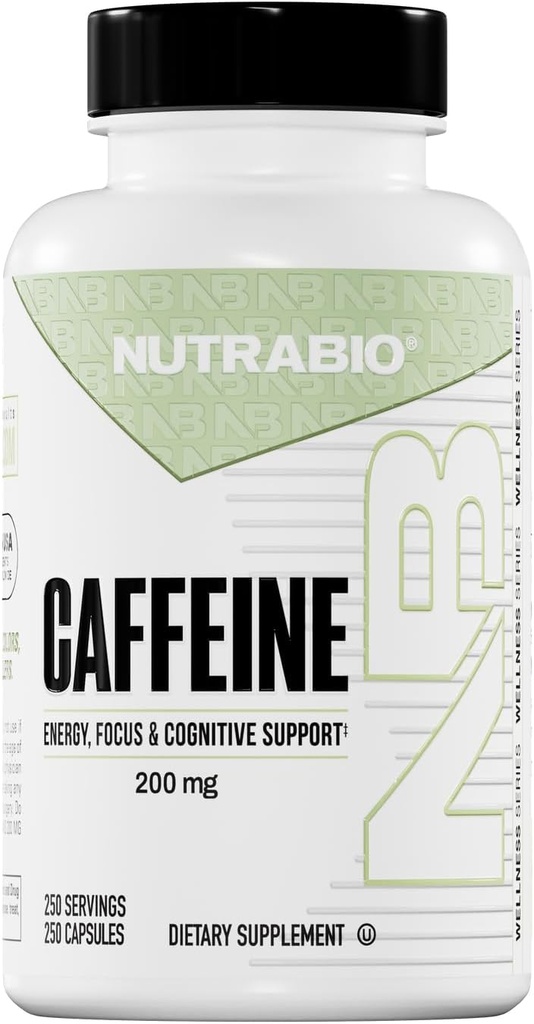 NutraBio 100% cápsulas de cafeína (250 cápsulas)