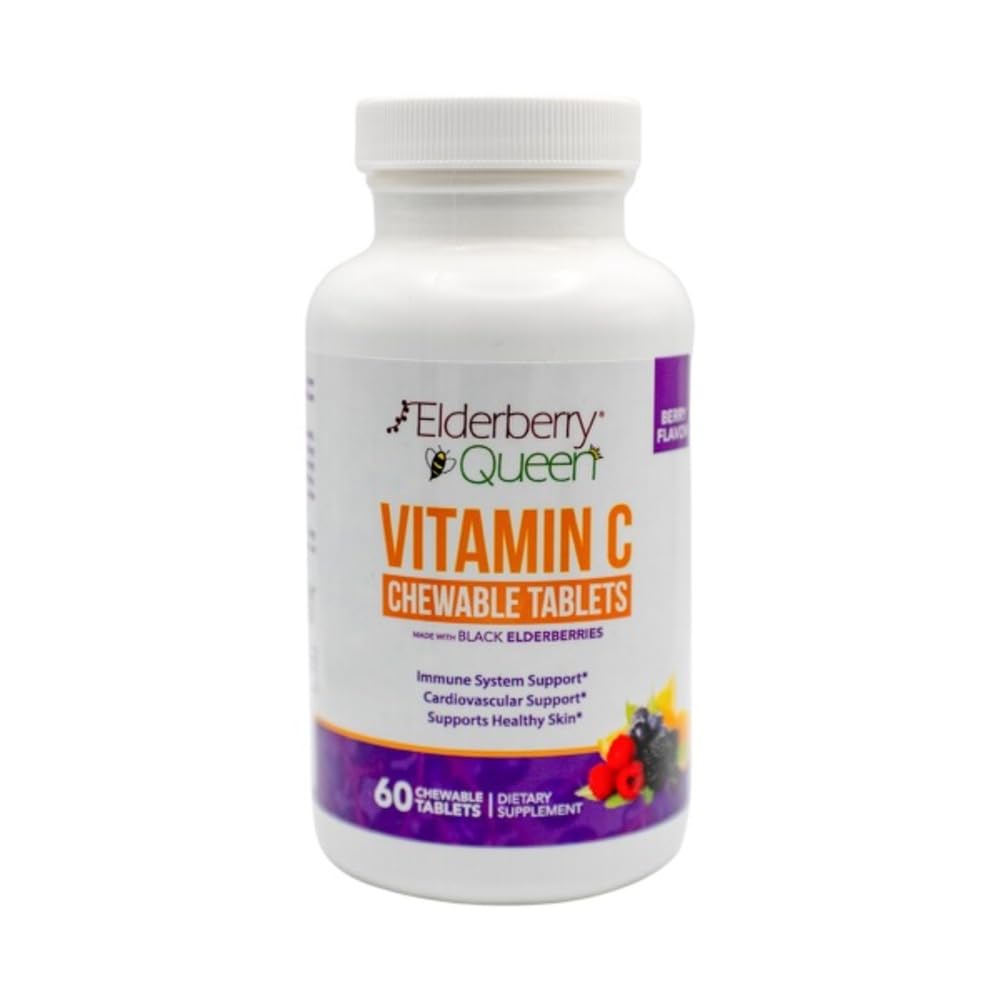 Elderberry Queen Chewable Vitamin C 500mg - Immune Boost & Antioxidant Support Tablets with Vitamin A, E & Organic Echinacea, Elder Fruit, Acerola - Natural Dietary Supplement, 60 Count
