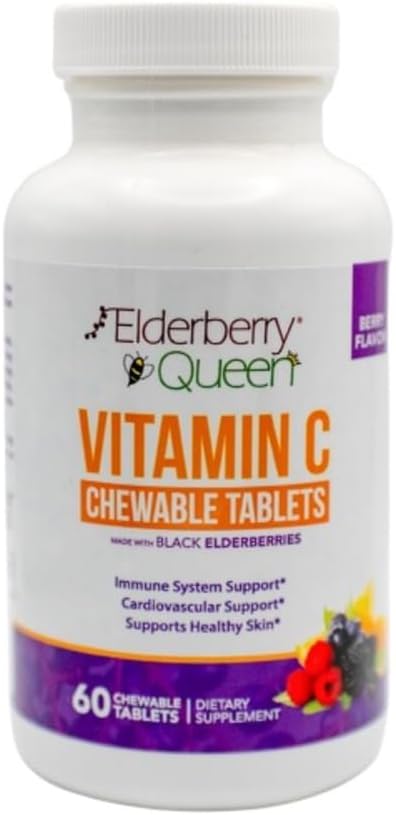 Elderberry Queen Chewable Vitamin C 500mg - Immune Boost " Antioxidant Support Tablets with Vitamin A, E " Organic Echinacea, Elder Fruit, Acerola - Natural Dietary supplement, 60 count