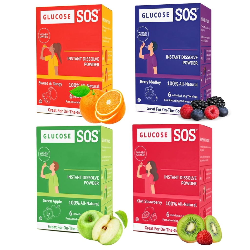 Glucose SOS Glucose avec Dextrose naturel, absorption rapide qui se dissout instantanément dans votre bouche sans eau nécessaire, 4 variétés de saveurs 24 portions