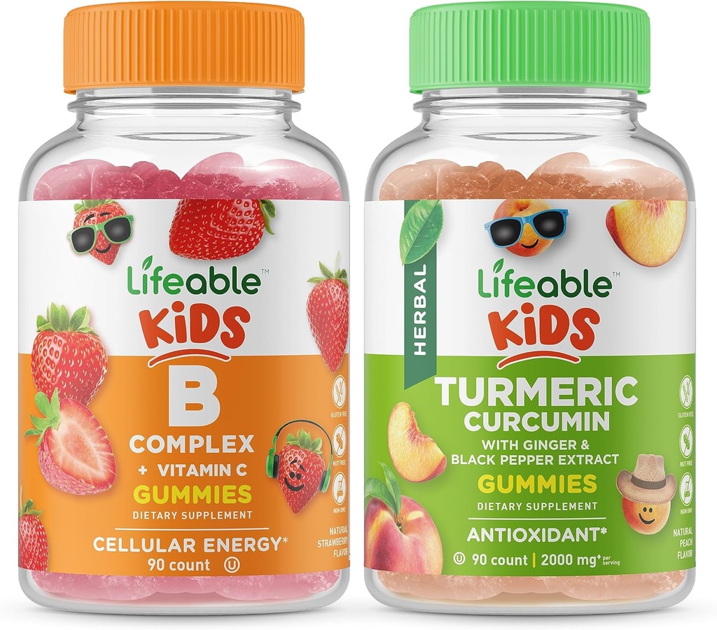Kids Complexo B vivo + Curcumina Turmérica Crianças, Gummies Bundle - Grande degustação, Suplemento Vitamina, Gluten Free, GMO Free, Gummy mastigável