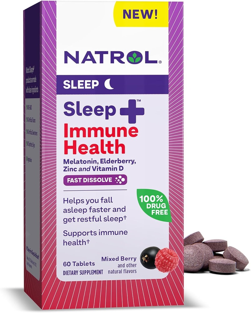 Natrol Sleep + Immune Health Melatonin 6mg with Elderberry, Zinc and Vitamin D, Dietary Supplement for Restful Sleep and Immune Support, 60 Mixed Berry-Flavored Fast Dissolve Tablets, 60 Day Supply