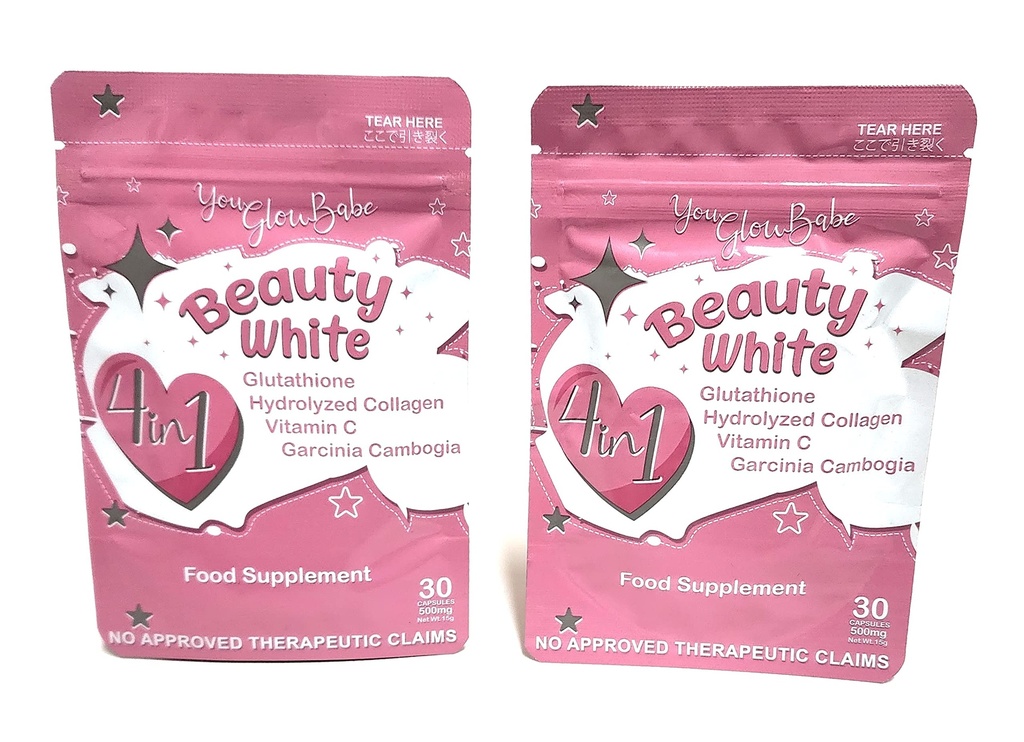 Beauty White 4 in 1 Glutathione Food Supplement, Size 15gram Each (Pack of 2) 30 x 2-60 Capsules