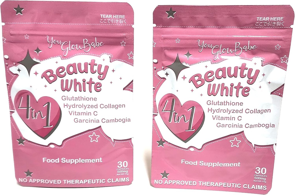 Beauty White 4 in 1 Glutathione Food Supplement, Size 15gram Each (Pack of 2) 30 x 2-60 kapsulak