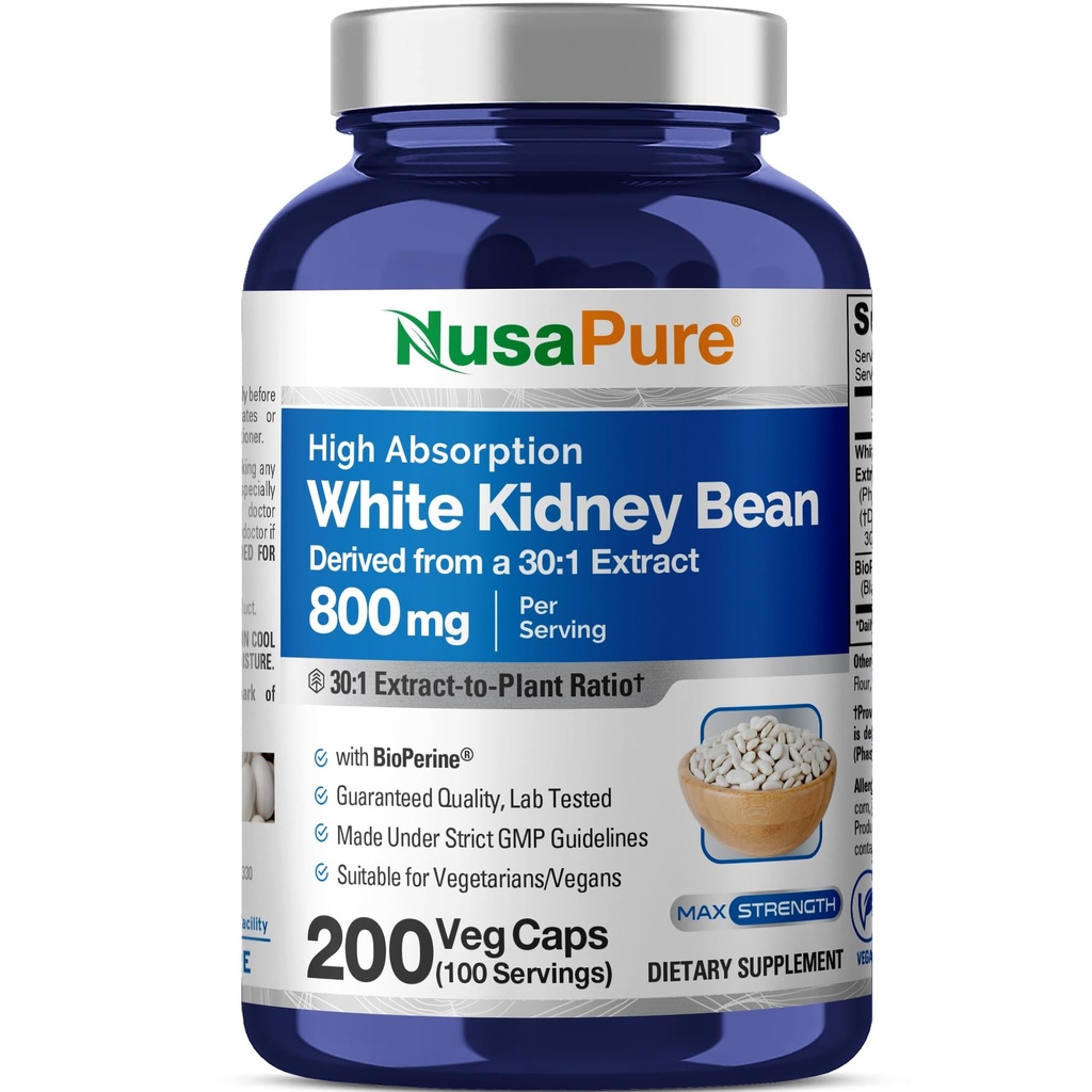 NusaPure White Kidney Beans Capsules, 800 mg, 200 Veg Capsules (Non-GMO, Vegan)