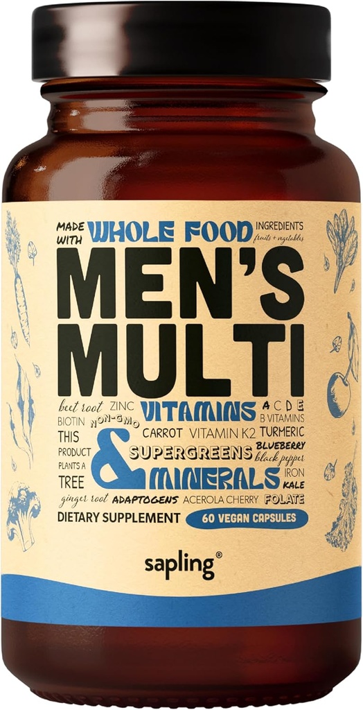 Multivitamin til mænd - Daglige mænds Multivitamin - Methylerede B kompleks med hele fødevarer ingredienser, vitamin B12, Folate, A, C, D3, E, K2, Organic Fruits & Grøntsager - Vegan, Non- GMO - 60 Caps