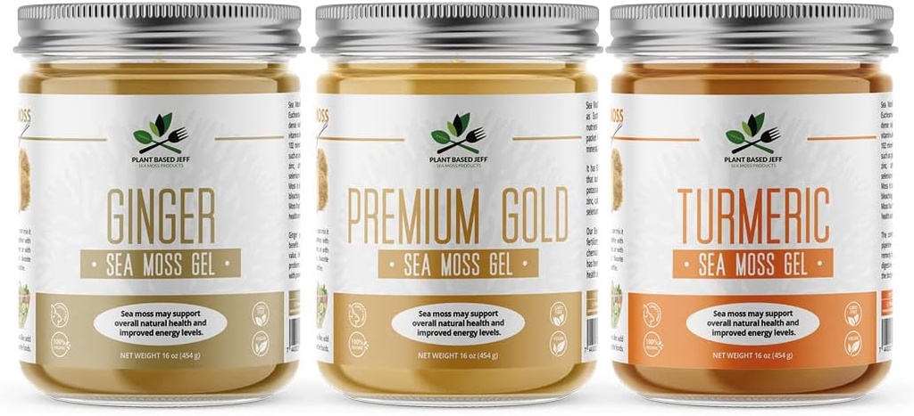 Plant Based Jeff Organic Sea Moss Gel Bundle with Turmeric, Ginger, Plain, 3x16 oz. Natural Wildcrafted Superfood, Immune Defense and Digestive Support, Non-GMO, Vegan and Keto