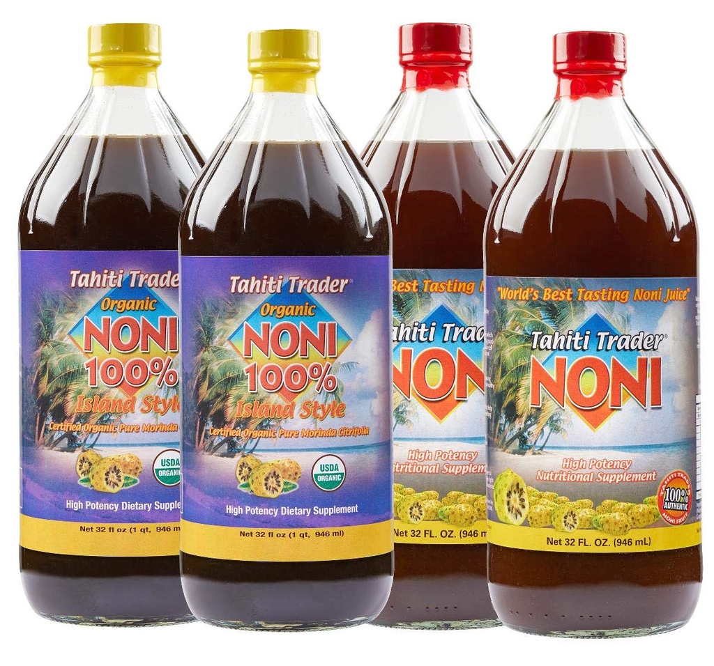 TAHITI TRADER Mix & Match - Original High-Potency Noni & 100% Noni Island Style Juice - Organic Antioxidant Superfood Juice Supporting Energy & Body Health - (32oz, 4 Pack)