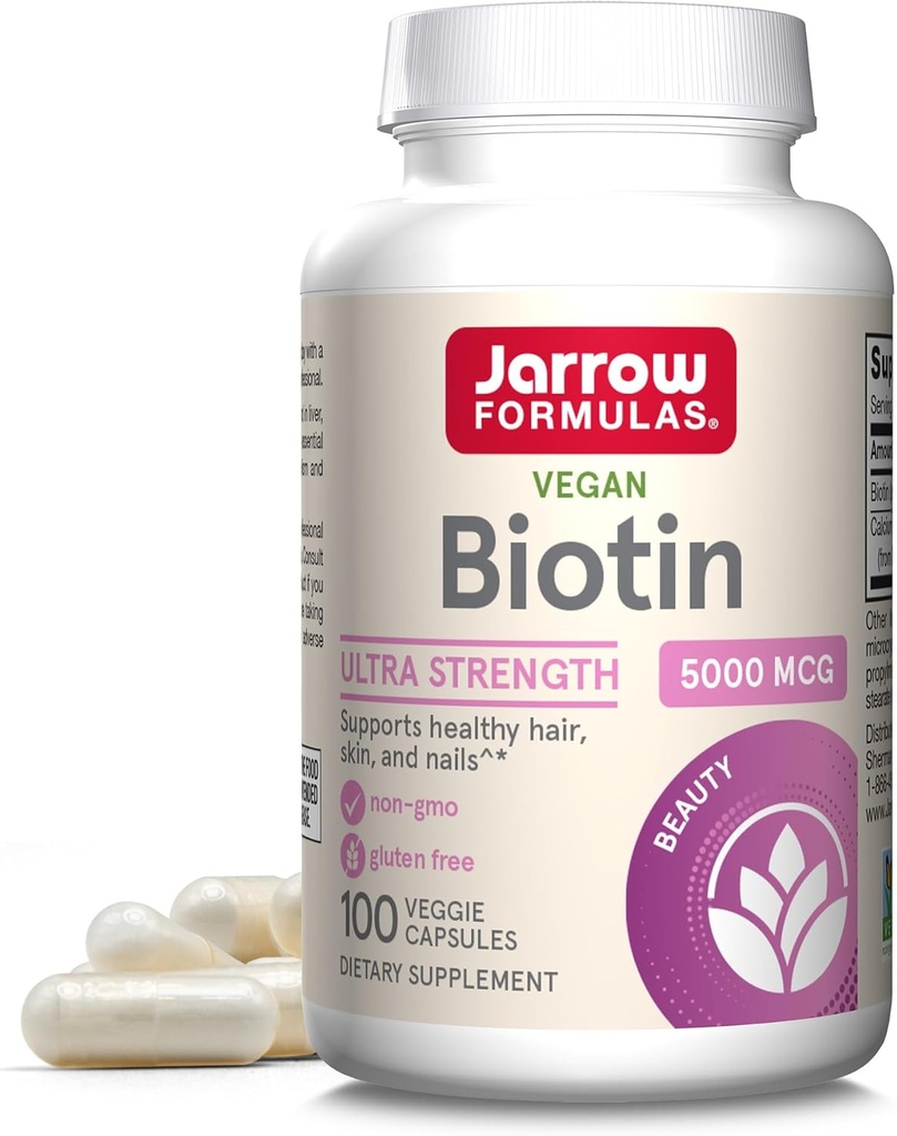 Jarow Formulas® Biotin Ultra Strength 5000 μg, Diētiskā papildinājums, Matu, ādas un nagu atbalsts, 100 Veggie kapsulas, līdz 100 dienu piegādes
