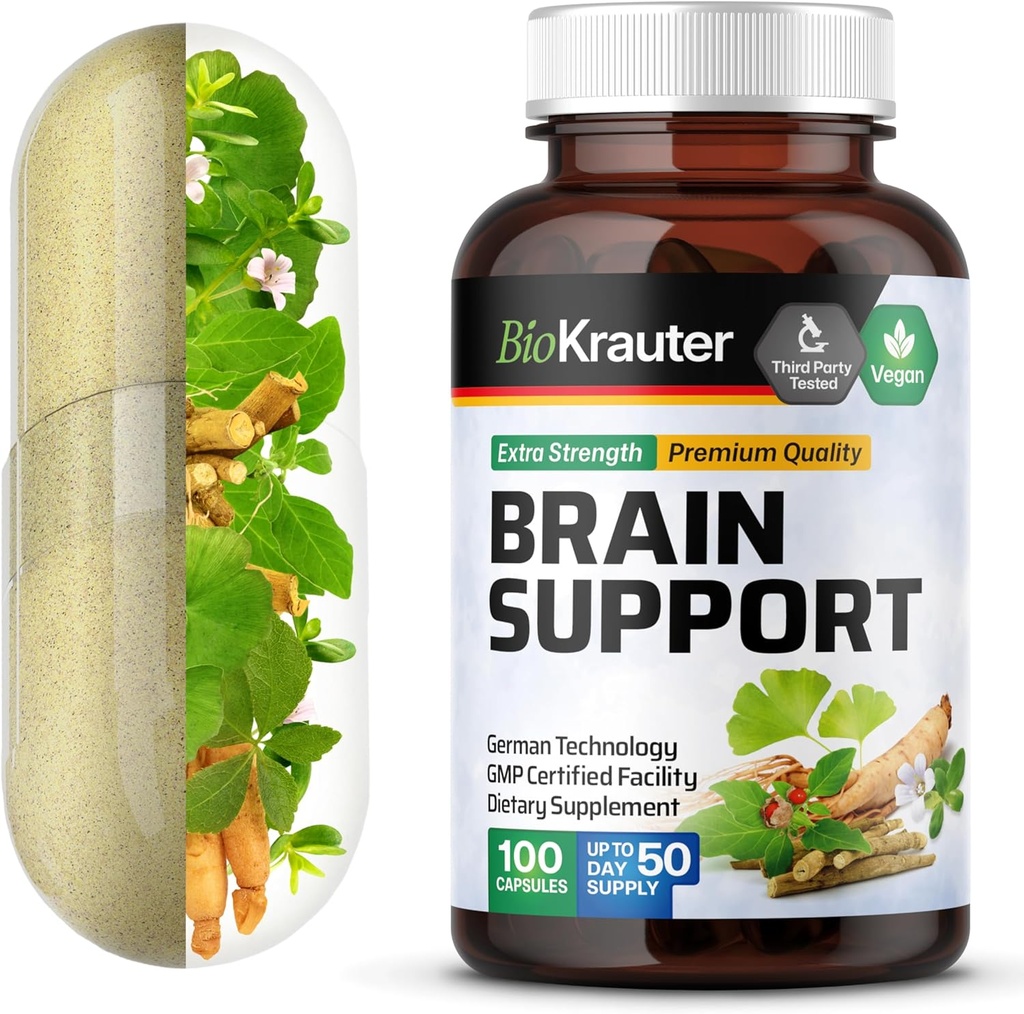 BIO KRAUTER Brain Support Supplement - 100 Count - 1300 מ"ג של Ashwagandha, Panax גינזנג וג'ינקגו בילובה - טבעוני, No Fillers