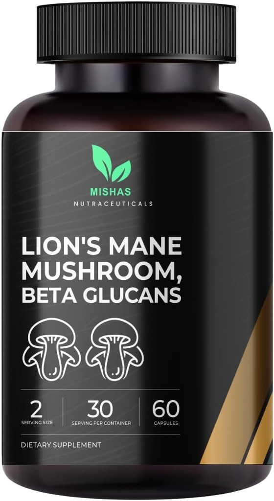 Mishas Lions Mane Supplement - Organic Lions Mane - Hjerne Helsestøtte - Mushroom Support for fokus og minne, immun- og nervefunksjonssystem kvinner og menn - 60 Vegan Kapsler