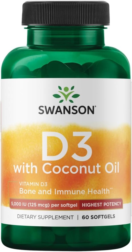 Swanson alta potência Vitamina D-3 w/Coconut - Suplemento natural que promove a saúde óssea e o suporte do sistema imunológico - Pode ajudar a aumentar a absorção de cálcio - (60 Softgels, 125mcg cada)