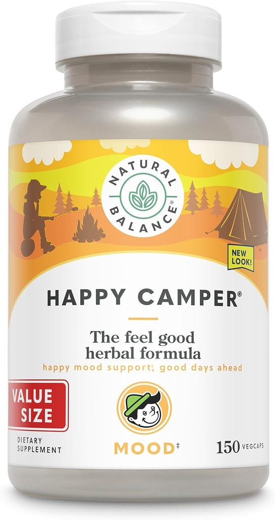 Natural Balance Happy Camper - Feel-Good Mood Support Supplement - Gotu Kola, Passion Flower och Kava Kava Capsules - 60-dagars garanti - 75 portioner, 150 VegCaps