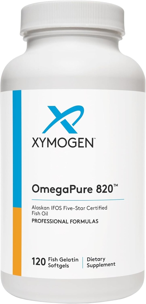 XYMOGEN OmegaPure 820 - International Fish Oil Standards (IFOS) Five-Star Certified Fish Oil - DHA EPA Omega-3 Supplement för kardiovaskulär + kognitivt stöd (120 små Softgels)