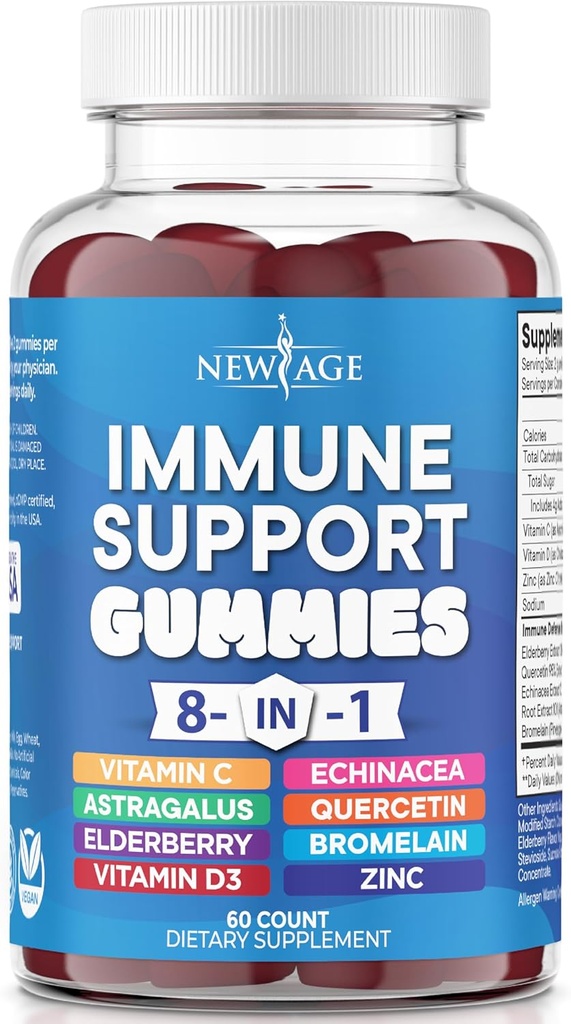 Novo AGE 8 en 1 Suplemento de apoio inmune con Elderberry, vitamina C e Zinc 50mg, vitamina D 5000 IU, Quercetin e Bromelain (8 en 1 Gummies (Paque de 1)