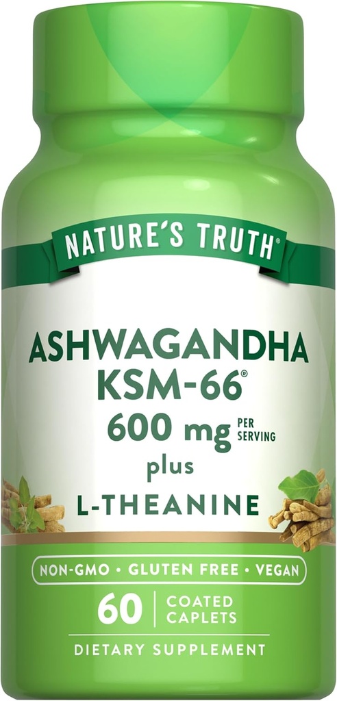 La veritat de la natura KSM-66 Ashwagandha ftlet 60 Caplets ftlets amb L- Theanine Vegan, No-GMO, & Guten Free suplementari