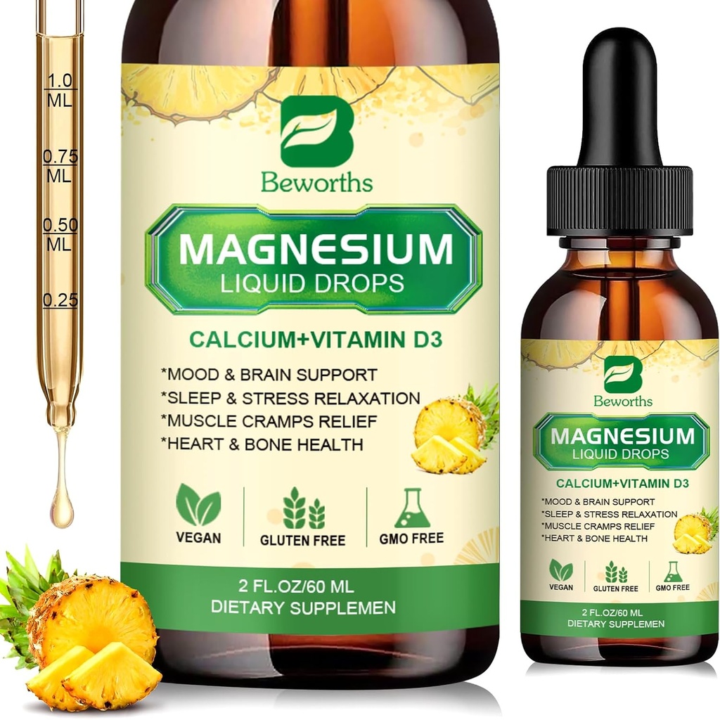 Complexo de Glicenato de Magnésio, Gota Líquida de Magnésio com Citrato de Magnésio, Cálcio, Potássio, Vitamina D3, Zinco - Suplemento de Taurato de Magnésio para Osso, Energia, Apoio Músculo