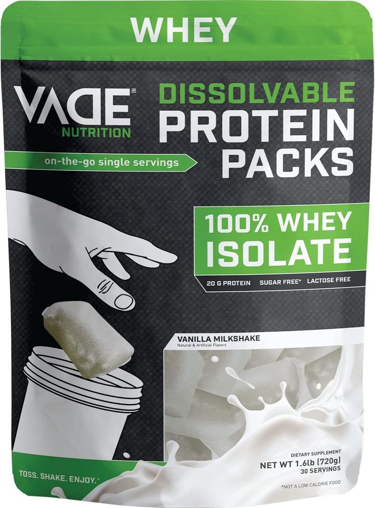 VADE Nutrition Dissolvable Protein Packs - 100% Whey Isolate Protein Powder Vanilla Milkshake - Low Carb, Low Calorie, Lactose Free, Sugar Free, Fat Free, Gluten Free - 30 Packets to Go