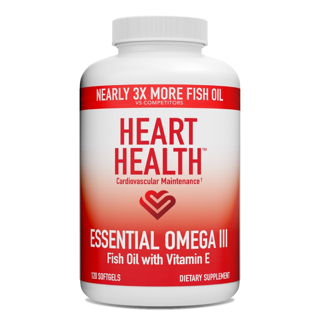 Heart Health Essential Omega III Fish Oil with Vitamin E – High EPA & DHA for Heart, Triglyceride & Blood Flow Support, Lemon Oil, Gluten-Free, Non-GMO, 60 Servings