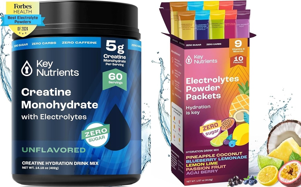 KEY NUTRIENTS Creatine Monohydrate & Hydration Packets Bundle - Mikronized Creatine Powder (60 zerbitzatu) + Electrolyte Powder Packets (10 zerbitzatu) - Indarra, Hidratazioa eta berreskuratzea