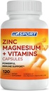 MgSport Magnesium Zink Supplement med vitamin B6, B9, High Absorption Zinc Magnesium Kombination för Immun Support, Muscle Recovery, EZ-MG Lätt på mage, 120 kapslar