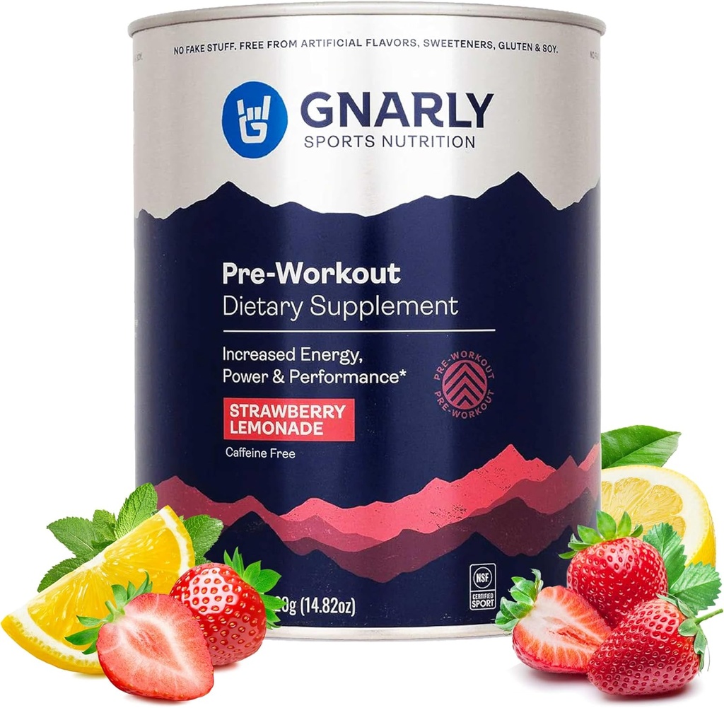 Gnarly Nutrition Natural Pre-Workout pulver, Strawberry Lemonade – NSF Innhold sertifisert, Endurance & Recovery – Vegansk Pre-Workout, Idrettsnæring – Jordbær Lemonade Koffeinfri, 14.82 oz